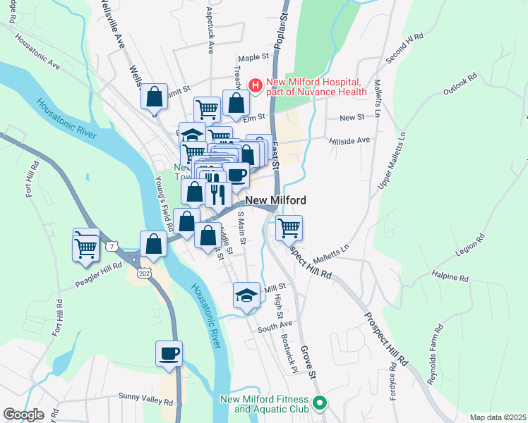 map of restaurants, bars, coffee shops, grocery stores, and more near 2A Main Street in New Milford
