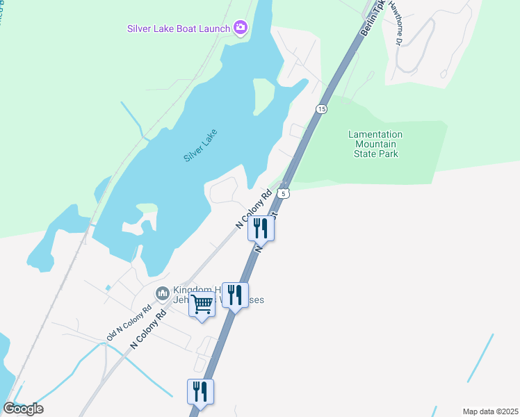 map of restaurants, bars, coffee shops, grocery stores, and more near 1655 North Colony Road in Meriden