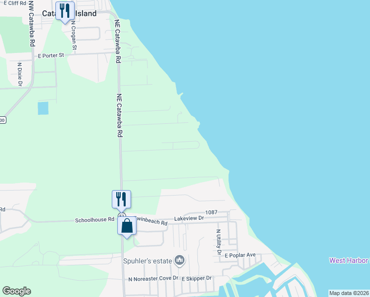 map of restaurants, bars, coffee shops, grocery stores, and more near Catawba Shores Mhp in Port Clinton