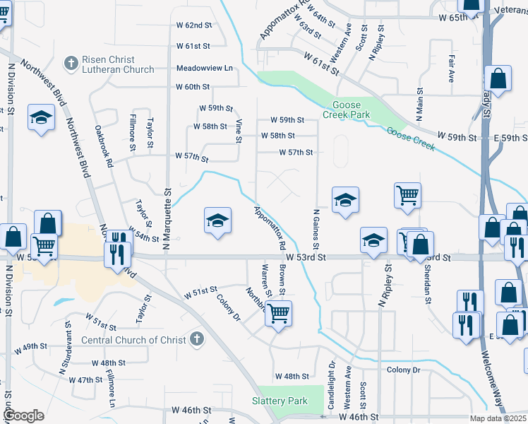 map of restaurants, bars, coffee shops, grocery stores, and more near 5449 Appomattox Road in Davenport