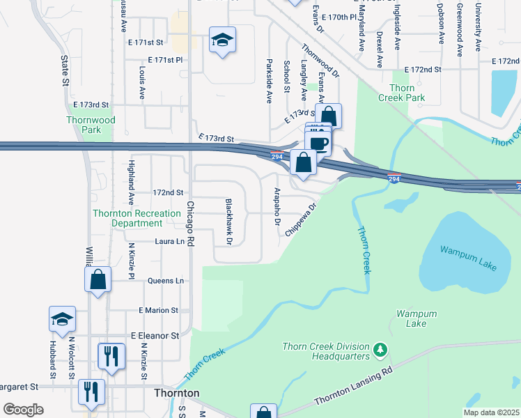 map of restaurants, bars, coffee shops, grocery stores, and more near 55 Indianwood Drive in Thornton