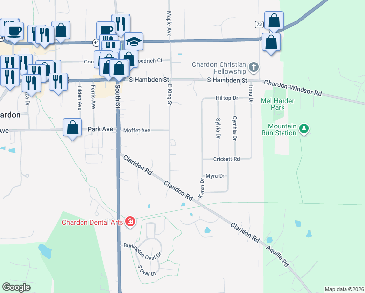 map of restaurants, bars, coffee shops, grocery stores, and more near 315 East King Street in Chardon