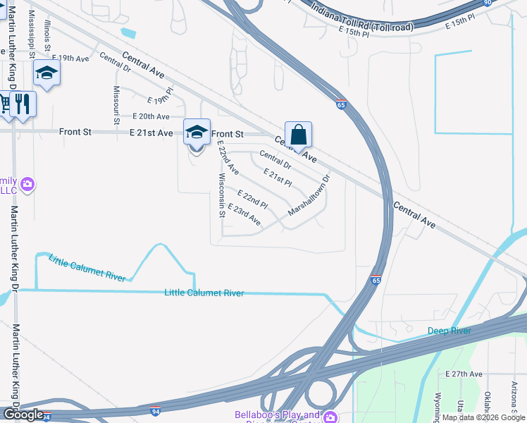 map of restaurants, bars, coffee shops, grocery stores, and more near 2709 East 22nd Avenue in Gary