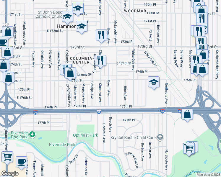 map of restaurants, bars, coffee shops, grocery stores, and more near 7527 Beech Avenue in Hammond