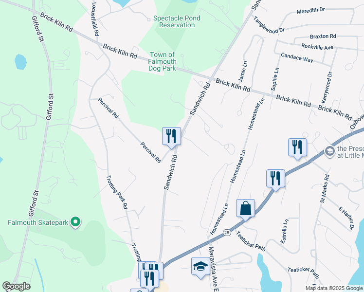 map of restaurants, bars, coffee shops, grocery stores, and more near 158 Sandwich Road in Falmouth