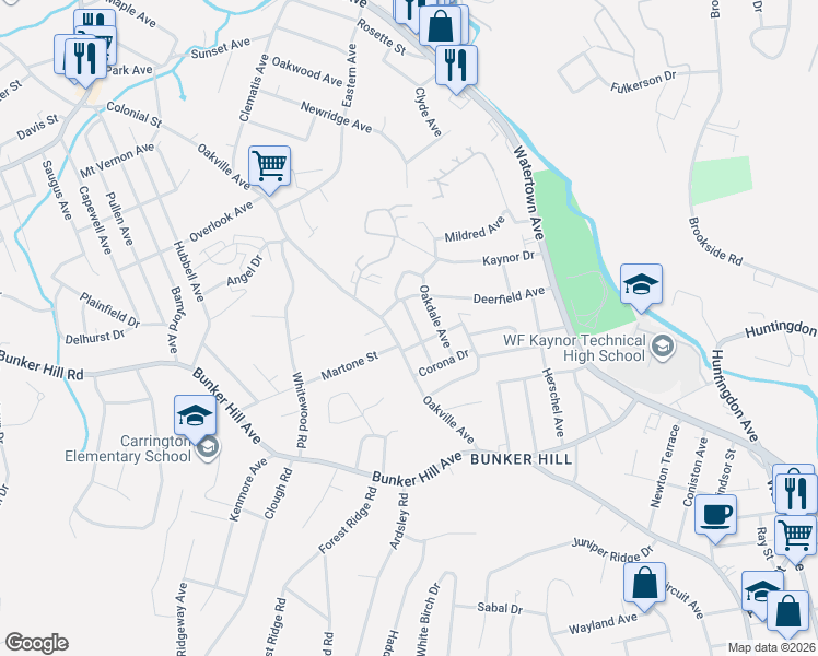 map of restaurants, bars, coffee shops, grocery stores, and more near 175 Deerfield Avenue in Waterbury