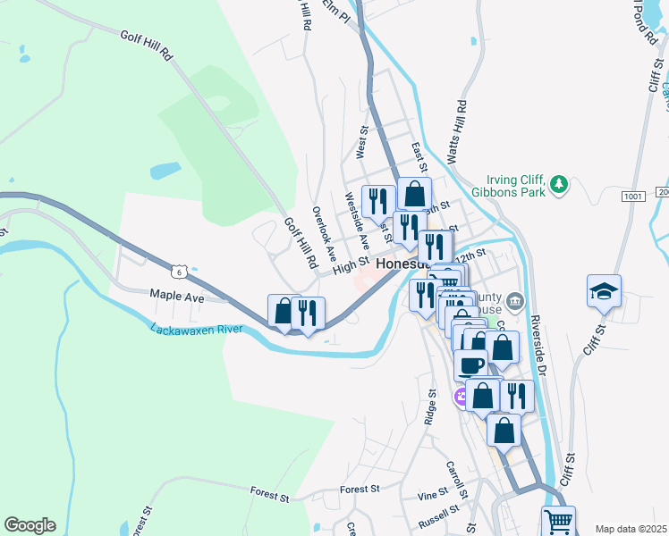 map of restaurants, bars, coffee shops, grocery stores, and more near 1230 Overlook Ave in Honesdale
