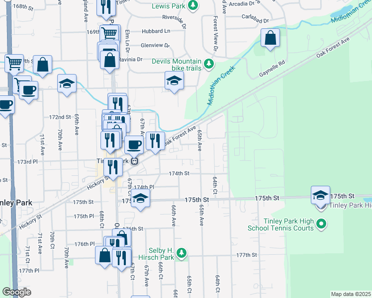 map of restaurants, bars, coffee shops, grocery stores, and more near 6530 Vogt Street in Tinley Park