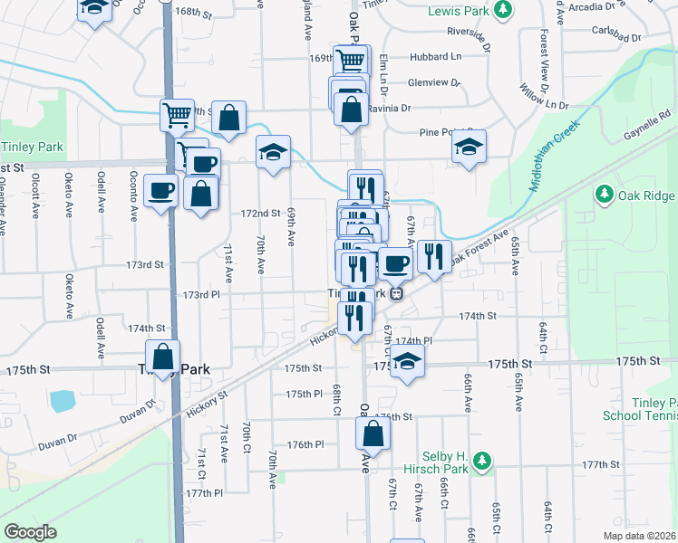 map of restaurants, bars, coffee shops, grocery stores, and more near 17267 68th Court in Tinley Park