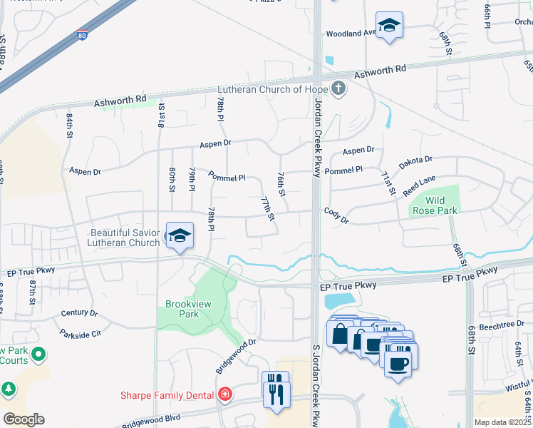 map of restaurants, bars, coffee shops, grocery stores, and more near 624 76th Street in West Des Moines