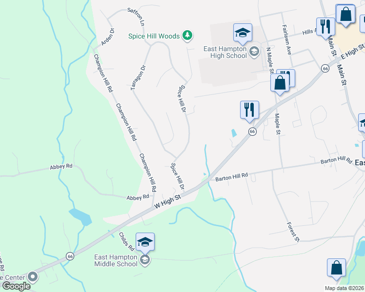 map of restaurants, bars, coffee shops, grocery stores, and more near 20 Spice Hill Drive in East Hampton