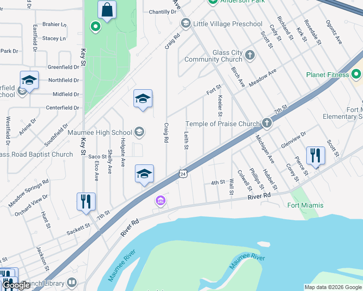 map of restaurants, bars, coffee shops, grocery stores, and more near 1059 Leith Street in Maumee
