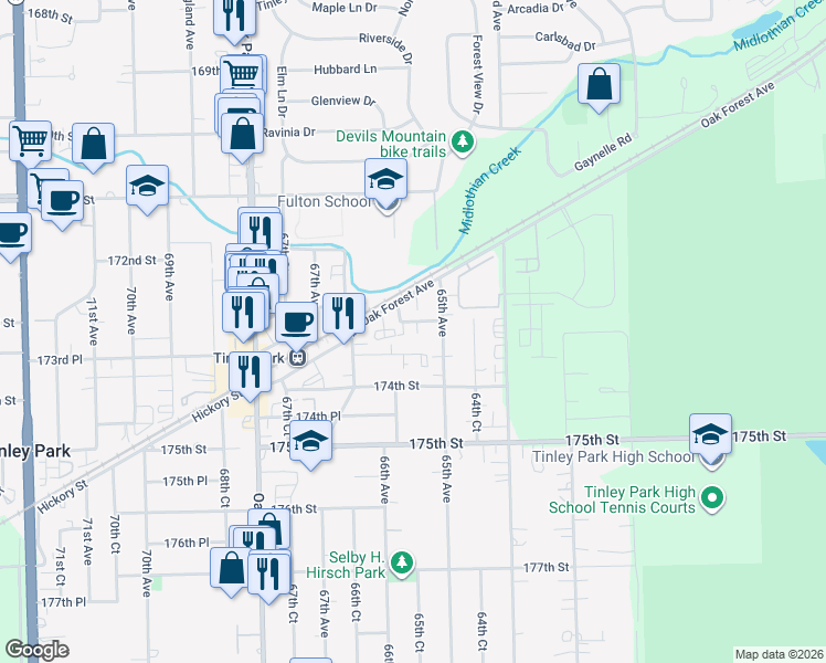 map of restaurants, bars, coffee shops, grocery stores, and more near 6530 Vogt Street in Tinley Park