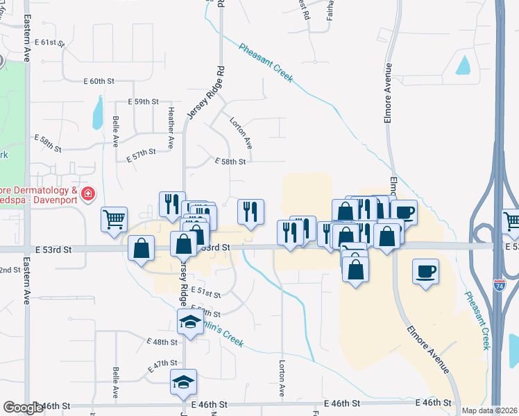 map of restaurants, bars, coffee shops, grocery stores, and more near 2718 East 53rd Street in Davenport
