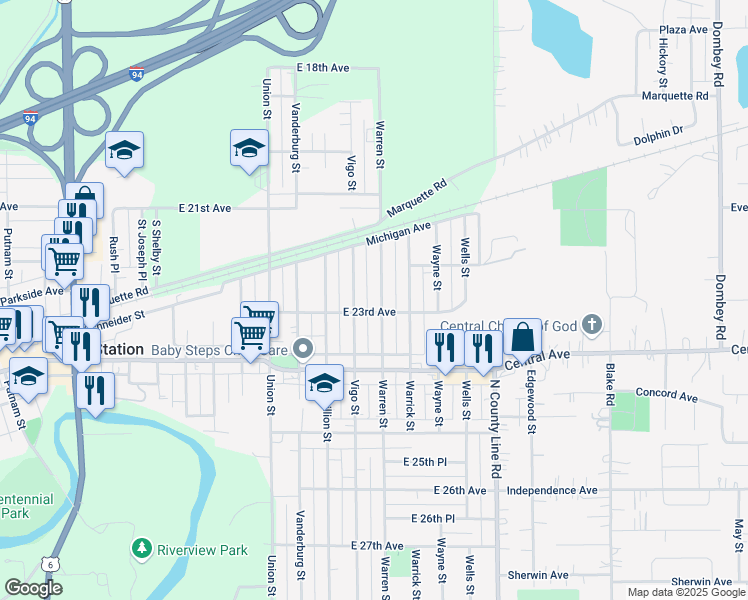map of restaurants, bars, coffee shops, grocery stores, and more near 2235 Warren Street in Lake Station