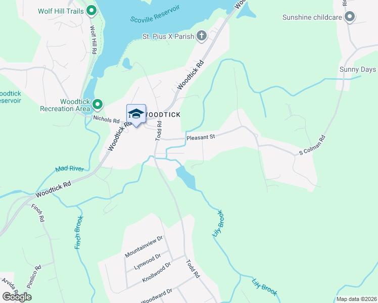 map of restaurants, bars, coffee shops, grocery stores, and more near 15 Frisbie Circle in Wolcott