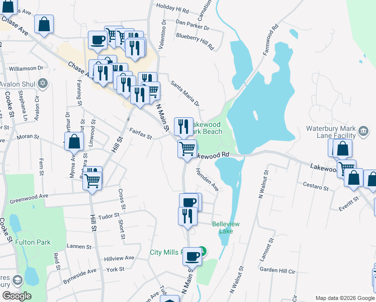 map of restaurants, bars, coffee shops, grocery stores, and more near 33 Lakewood Road in Waterbury