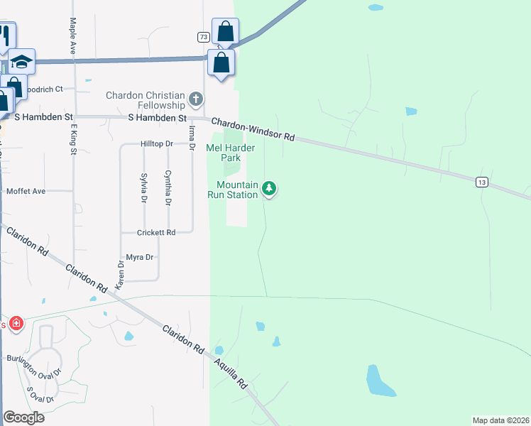 map of restaurants, bars, coffee shops, grocery stores, and more near 12601 Chardon-Windsor Road in Chardon