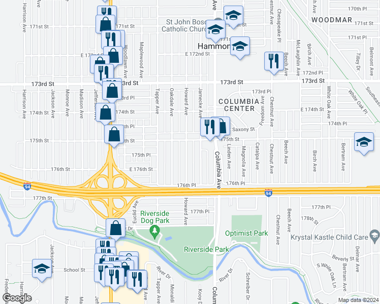 map of restaurants, bars, coffee shops, grocery stores, and more near 7521 Howard Avenue in Hammond