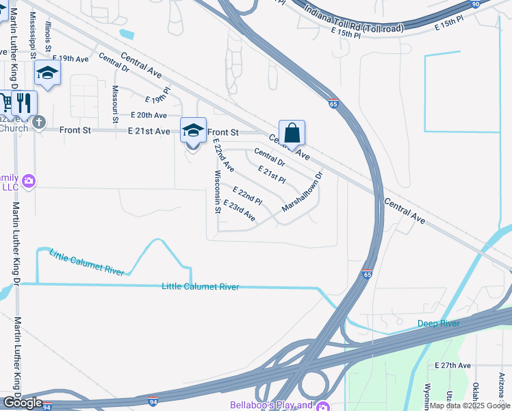 map of restaurants, bars, coffee shops, grocery stores, and more near 2617 East 22nd Place in Gary