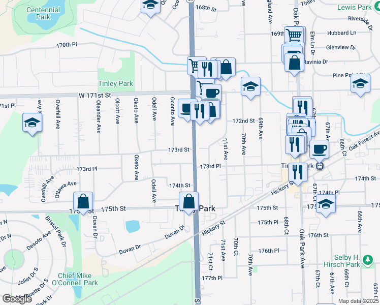 map of restaurants, bars, coffee shops, grocery stores, and more near 17300 South Harlem Avenue in Tinley Park