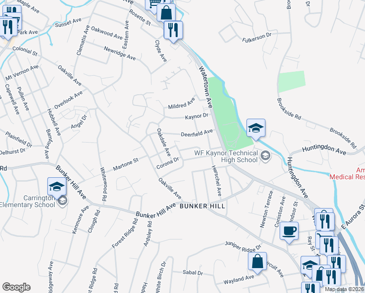 map of restaurants, bars, coffee shops, grocery stores, and more near 87 Deerfield Avenue in Waterbury