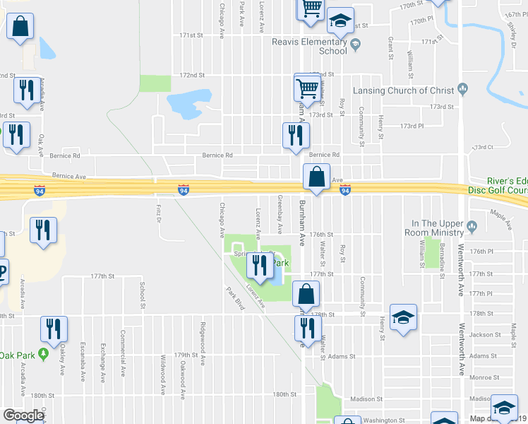 map of restaurants, bars, coffee shops, grocery stores, and more near 17525 Lorenz Avenue in Lansing