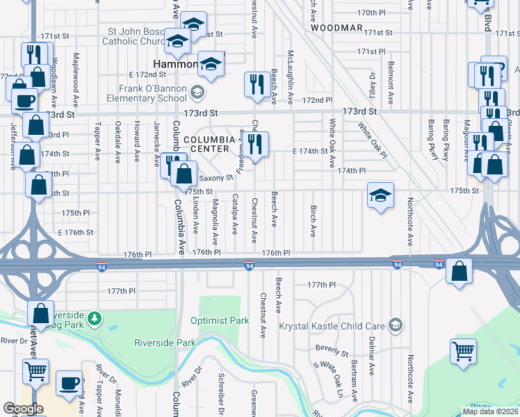 map of restaurants, bars, coffee shops, grocery stores, and more near 7515 Chestnut Avenue in Hammond