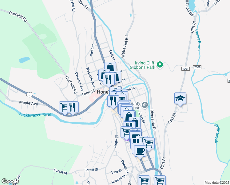 map of restaurants, bars, coffee shops, grocery stores, and more near Main Street in Honesdale