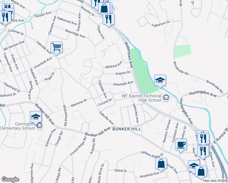 map of restaurants, bars, coffee shops, grocery stores, and more near 87 Deerfield Avenue in Waterbury
