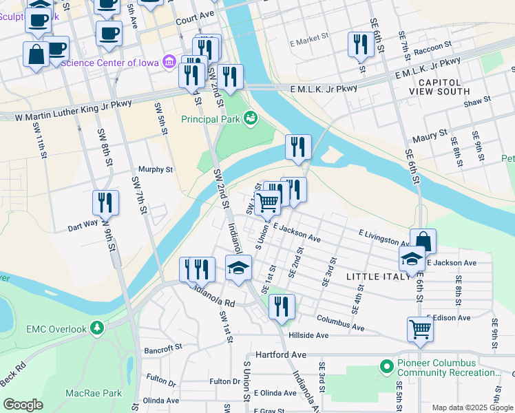 map of restaurants, bars, coffee shops, grocery stores, and more near 1423 Southwest 1st Street in Des Moines