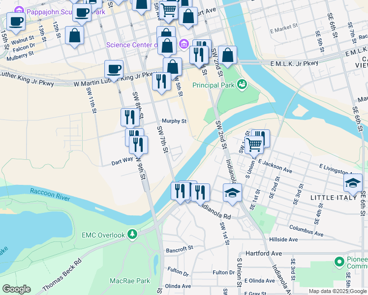 map of restaurants, bars, coffee shops, grocery stores, and more near 535 Southwest 7th Street in Des Moines