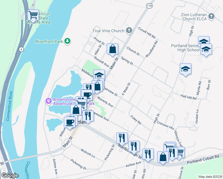 map of restaurants, bars, coffee shops, grocery stores, and more near 12 Fairview Street in Portland