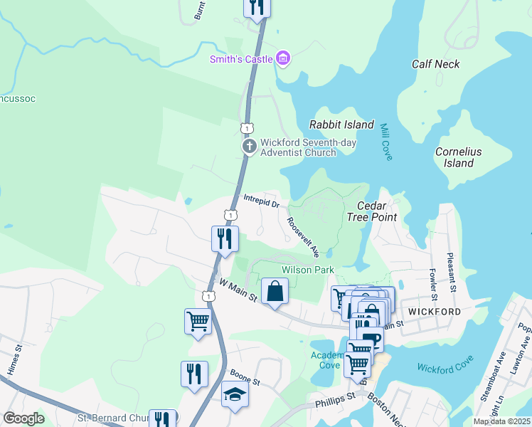 map of restaurants, bars, coffee shops, grocery stores, and more near 24 Dayton Court in North Kingstown