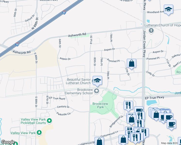 map of restaurants, bars, coffee shops, grocery stores, and more near 8474 Cody Drive in West Des Moines