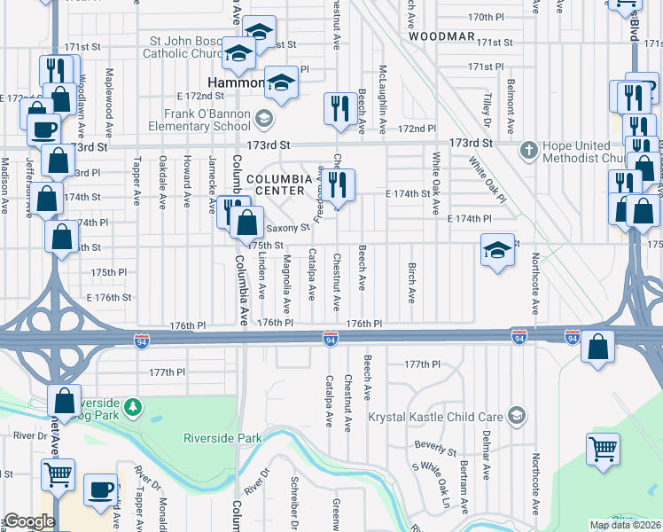 map of restaurants, bars, coffee shops, grocery stores, and more near 7515 Chestnut Avenue in Hammond