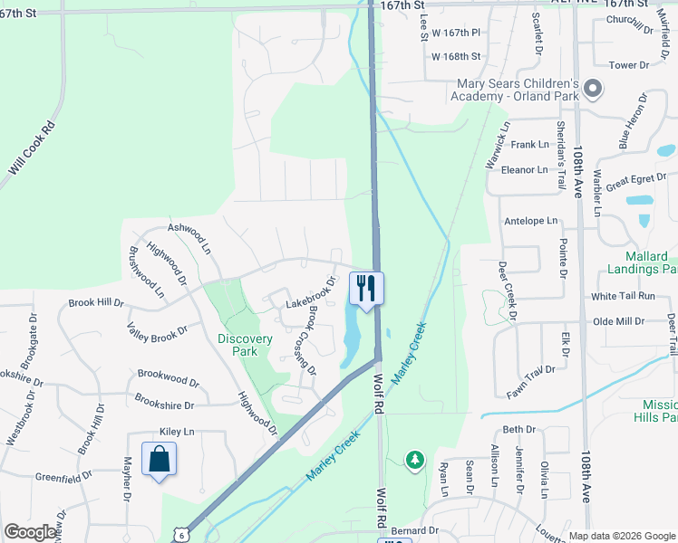 map of restaurants, bars, coffee shops, grocery stores, and more near 17201 Lakebrook Drive in Orland Park