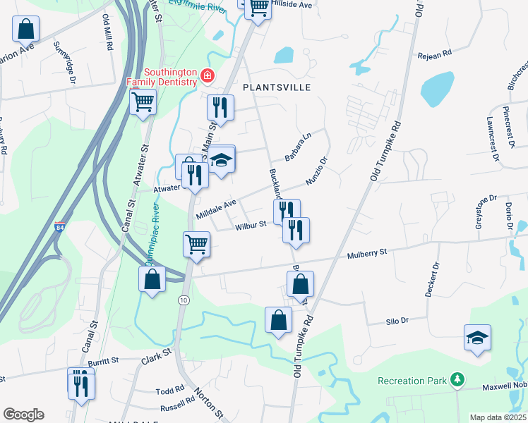 map of restaurants, bars, coffee shops, grocery stores, and more near 25 Franklin Street in Southington