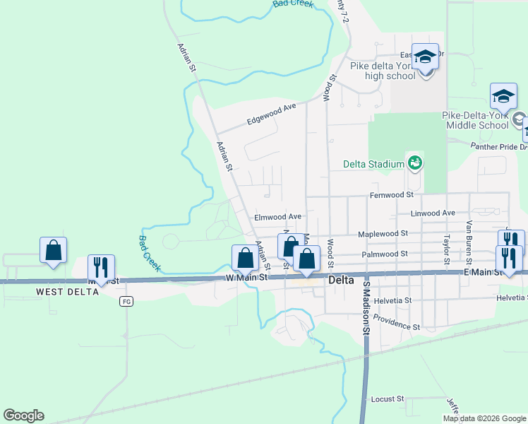 map of restaurants, bars, coffee shops, grocery stores, and more near 404 Adrian Street in Delta