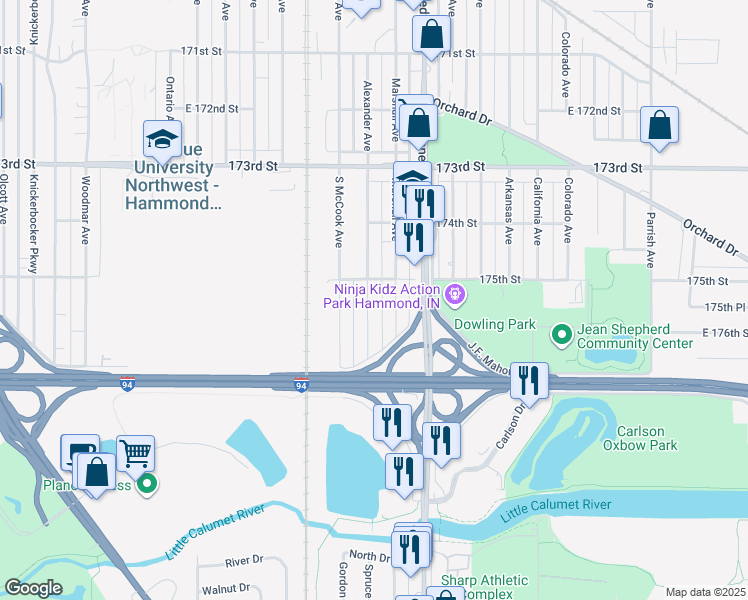 map of restaurants, bars, coffee shops, grocery stores, and more near 7504 Alexander Avenue in Hammond