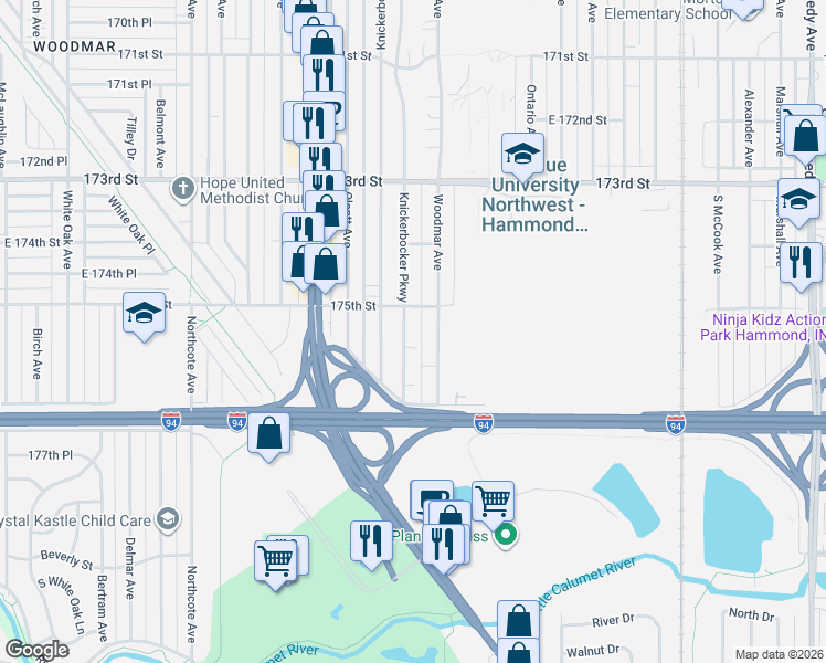 map of restaurants, bars, coffee shops, grocery stores, and more near in Hammond