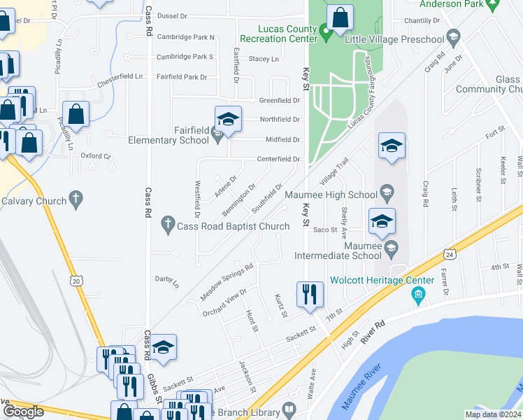 map of restaurants, bars, coffee shops, grocery stores, and more near 620 Southfield Drive in Maumee