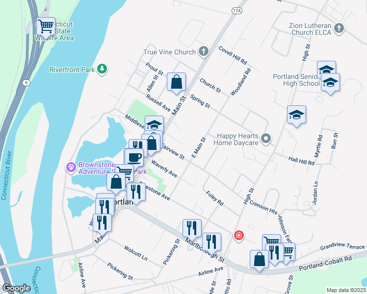 map of restaurants, bars, coffee shops, grocery stores, and more near 50 East Main Street in Portland
