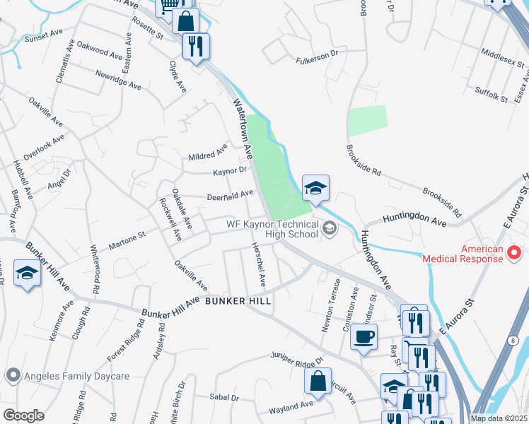 map of restaurants, bars, coffee shops, grocery stores, and more near 1201 Watertown Avenue in Waterbury