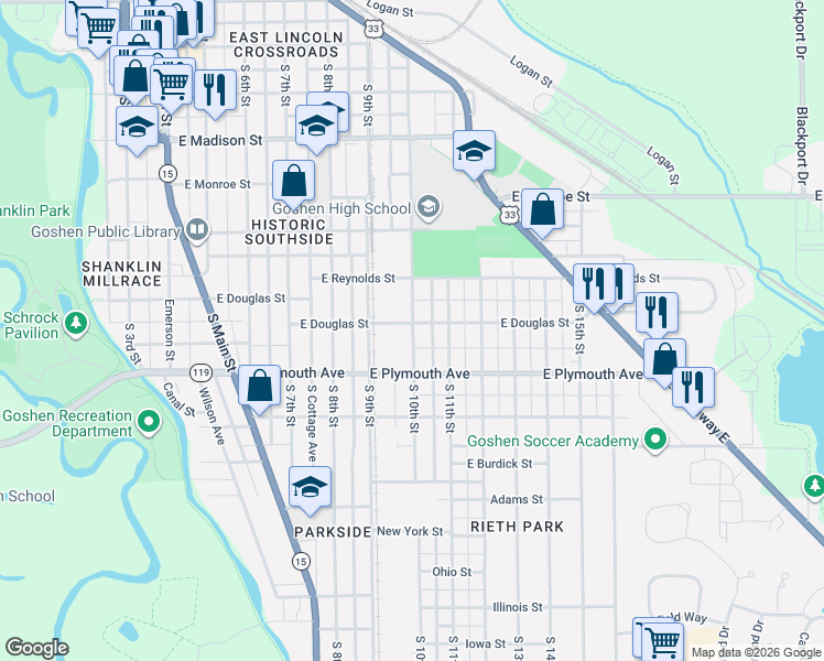 map of restaurants, bars, coffee shops, grocery stores, and more near 620 East Douglas Street in Goshen
