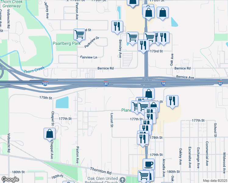 map of restaurants, bars, coffee shops, grocery stores, and more near 2160 176th Place in Lansing