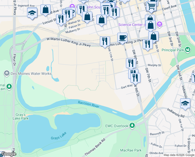map of restaurants, bars, coffee shops, grocery stores, and more near 1250 West Martin Luther King Junior Parkway in Des Moines