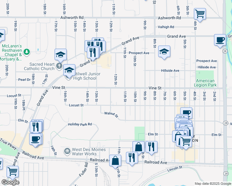 map of restaurants, bars, coffee shops, grocery stores, and more near 1124 Vine Street in West Des Moines
