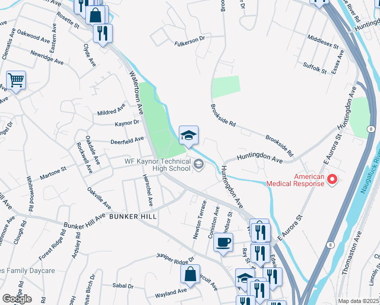 map of restaurants, bars, coffee shops, grocery stores, and more near 43 Tompkins Street in Waterbury