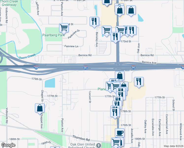 map of restaurants, bars, coffee shops, grocery stores, and more near 2237 175th Street in Lansing